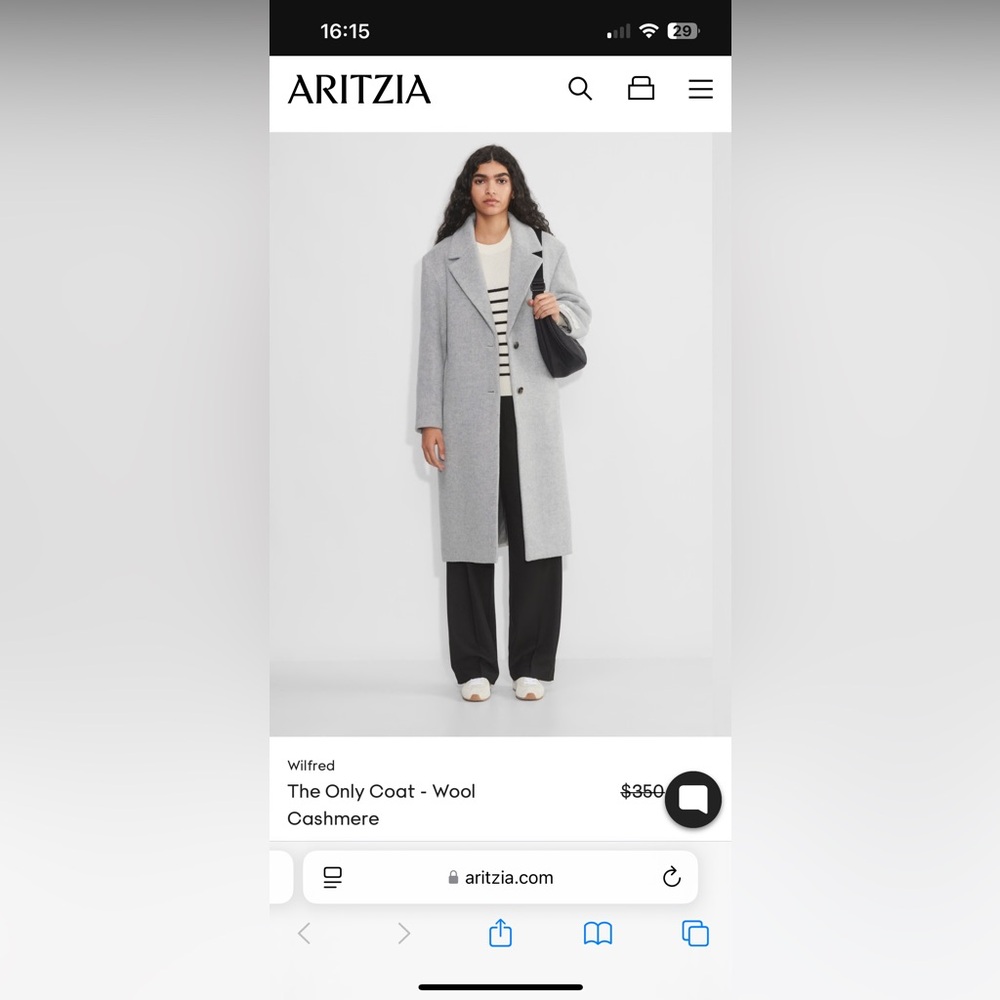 Aritzia The Only Coat - Wool Cashmere
Heather Light Grey
Size Small